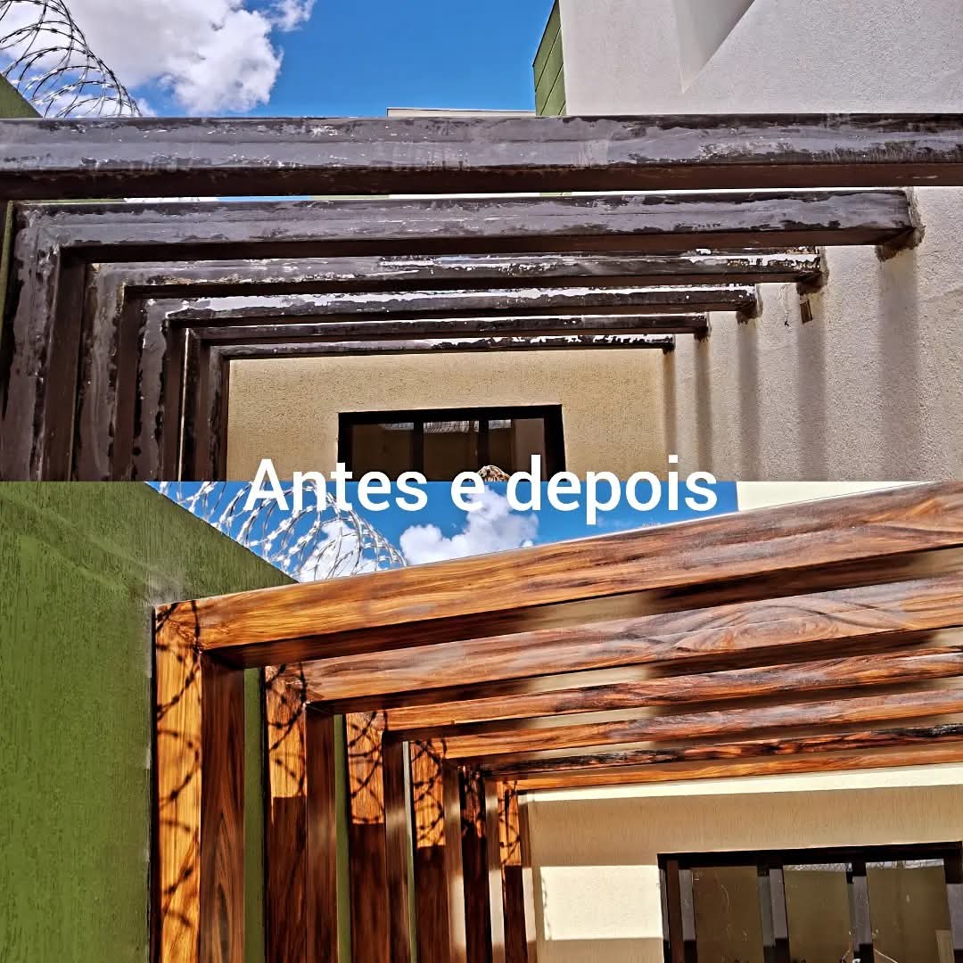 Pergolado de madeira antes e depois da restauração