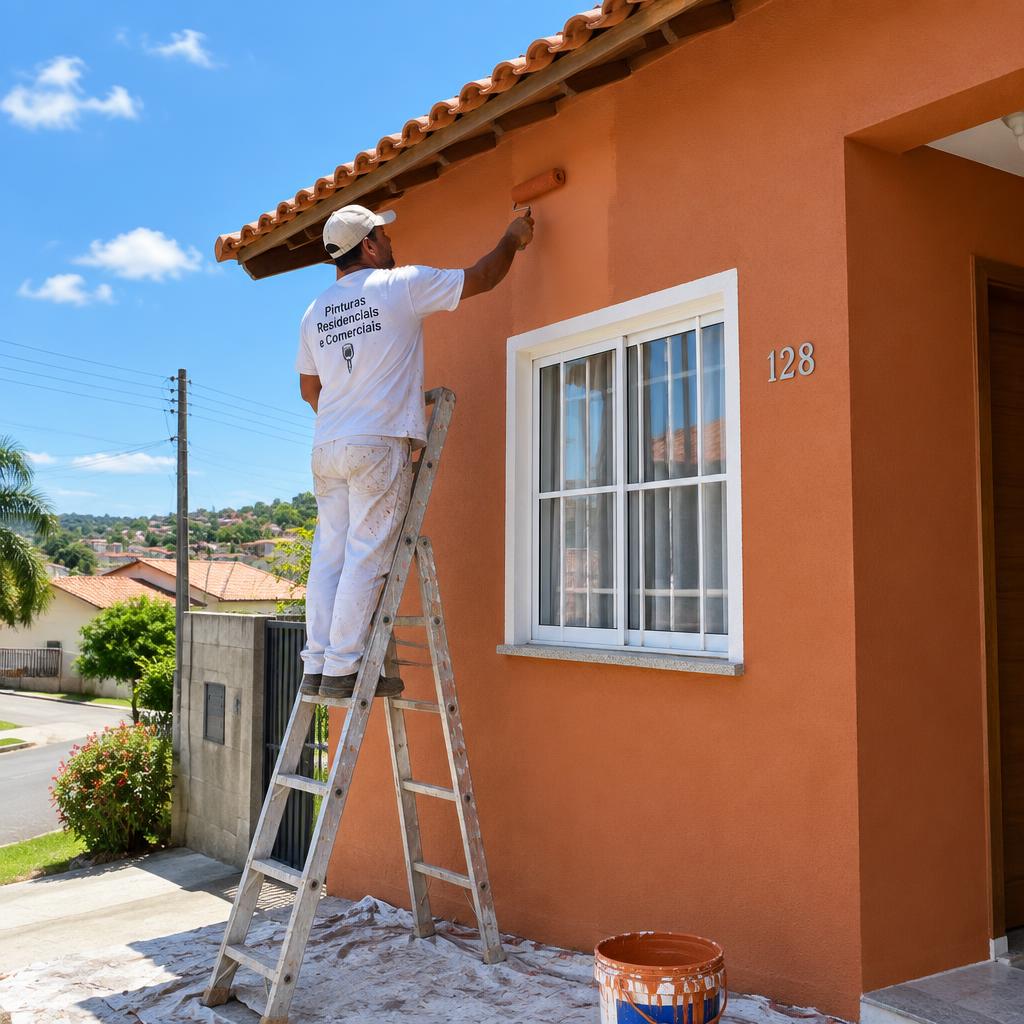 Joel pintando a fachada de uma casa em Anápolis