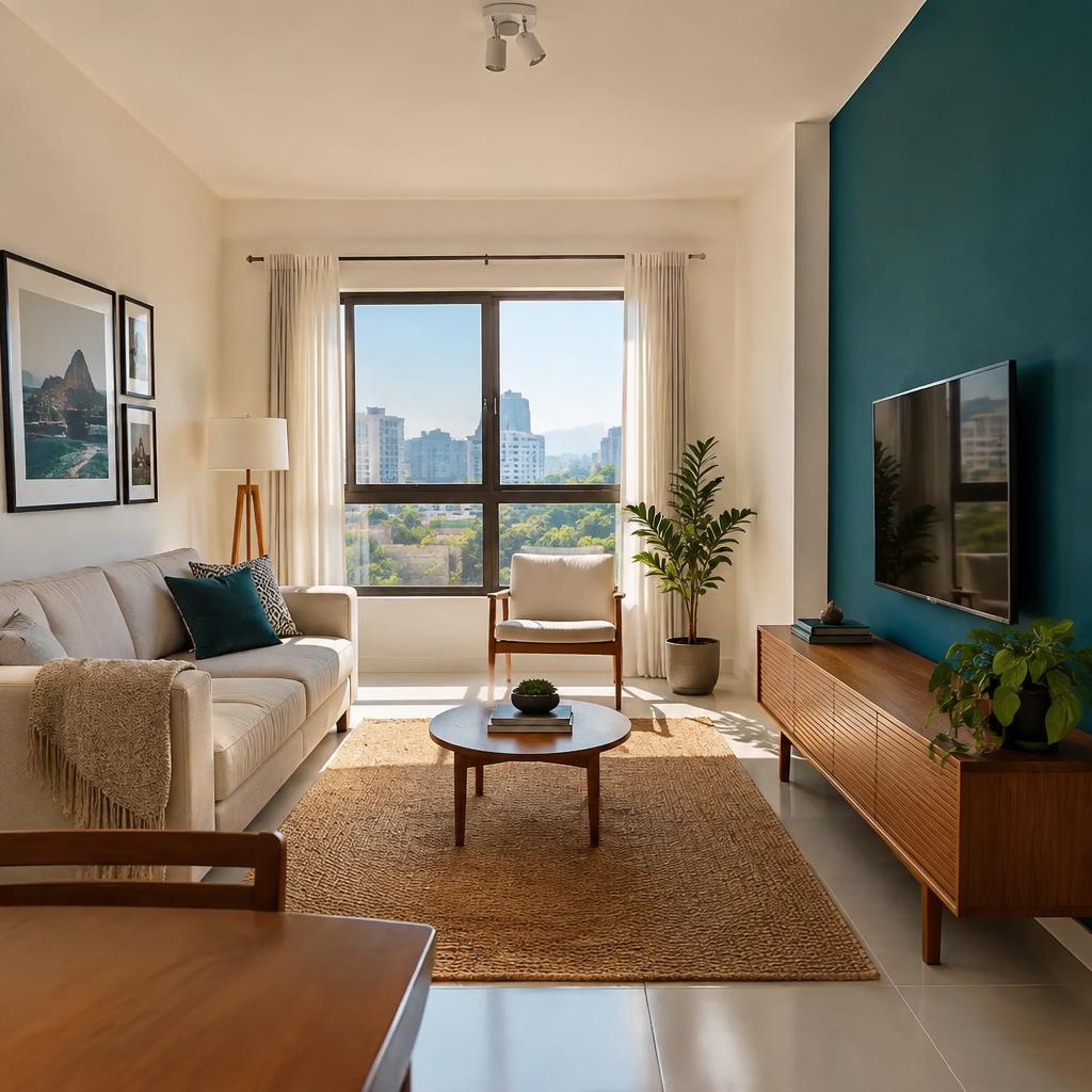 Sala com parede de destaque em azul petróleo